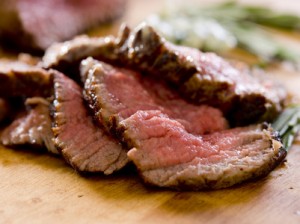 Closeup of slices of rare tenderloin steak.